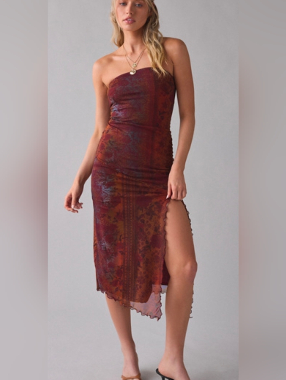 UO Strapless Mesh Boho Midi Dress